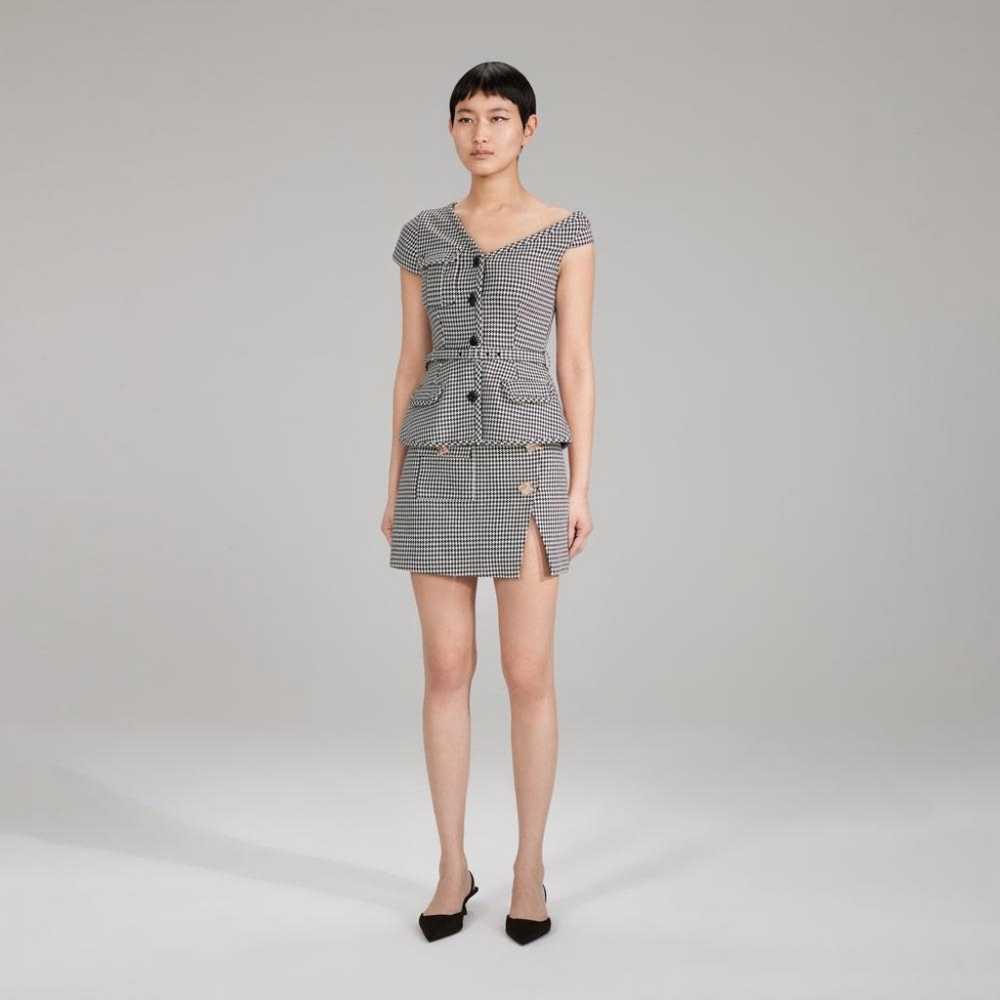 Self Portrait Black Houndstooth Asymmetric Top